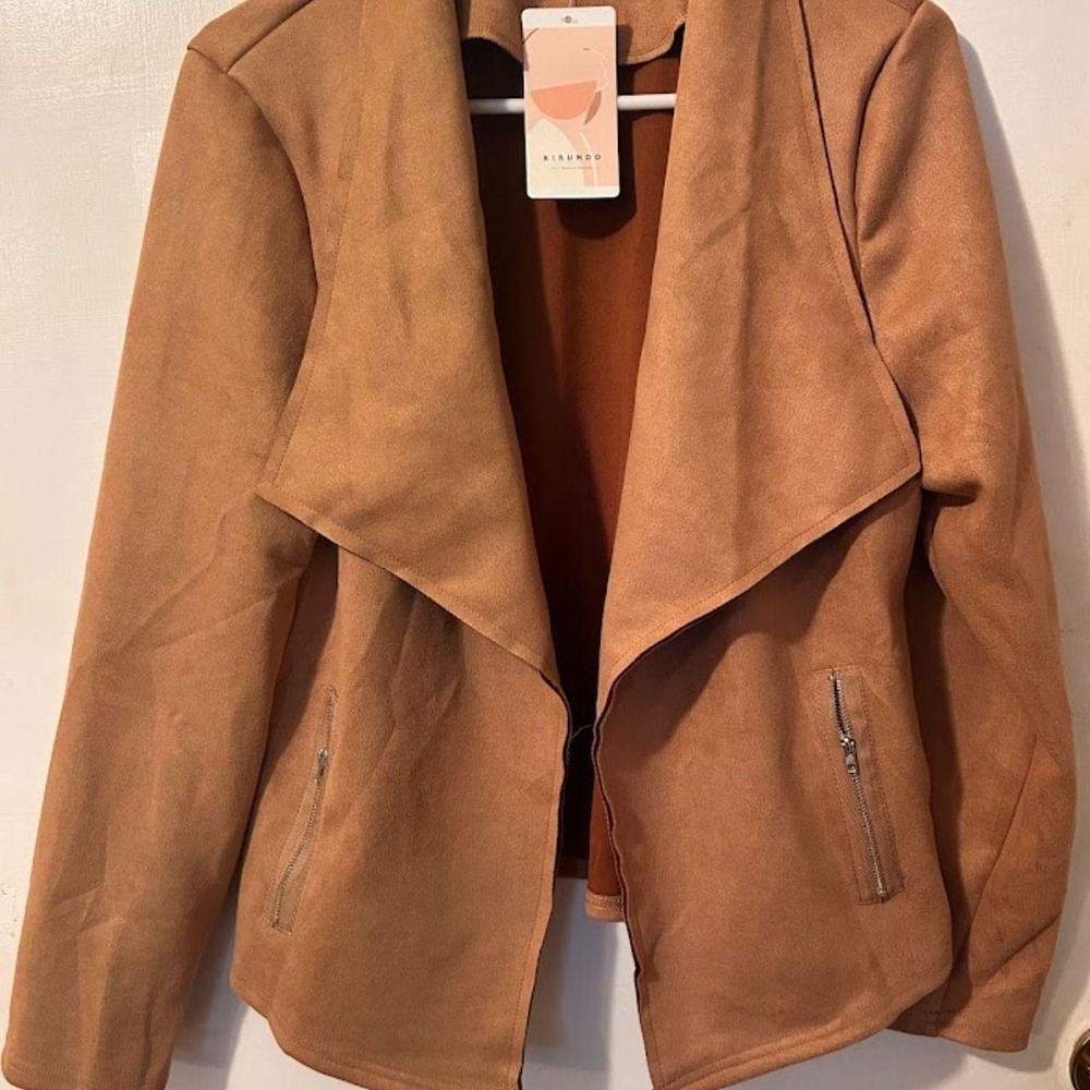 Kirundo Faux Suede Open Front Cardigan Jacket - Tan